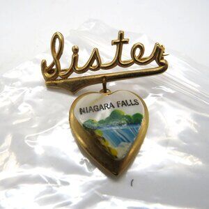 Vintage Sister Brooch Gold Tone‎ Niagara Falls Hanging Heart Locket Pin